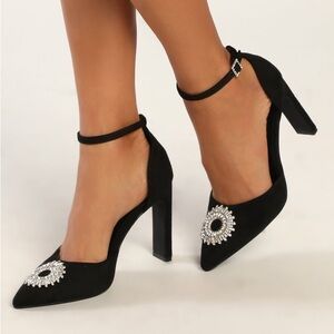 Lulus Bradleyy Black Velvet Embellished Pointed-Toe Ankle Strap Pumps